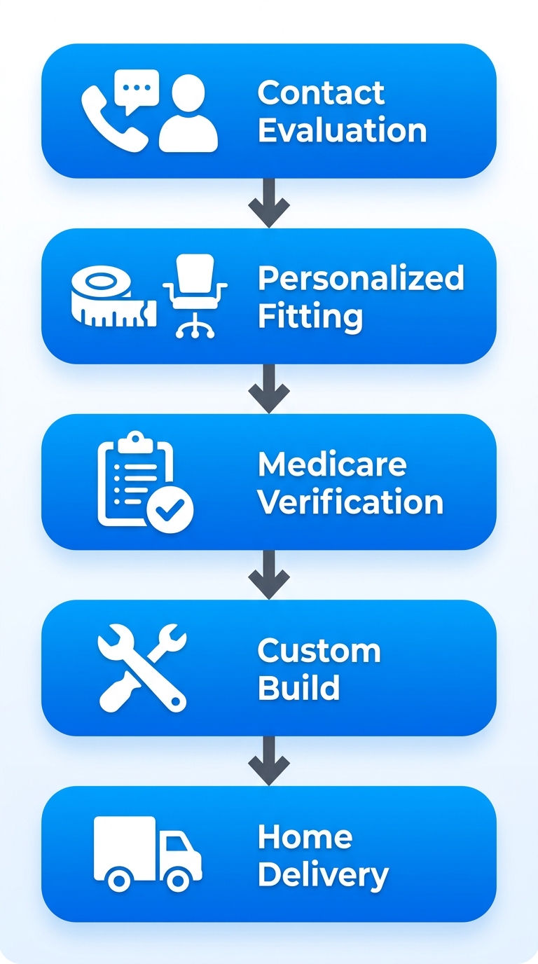 Vertical process flow diagram of 5 steps to get custom power wheelchair: contact, fitting, Medicare verification, build, delivery