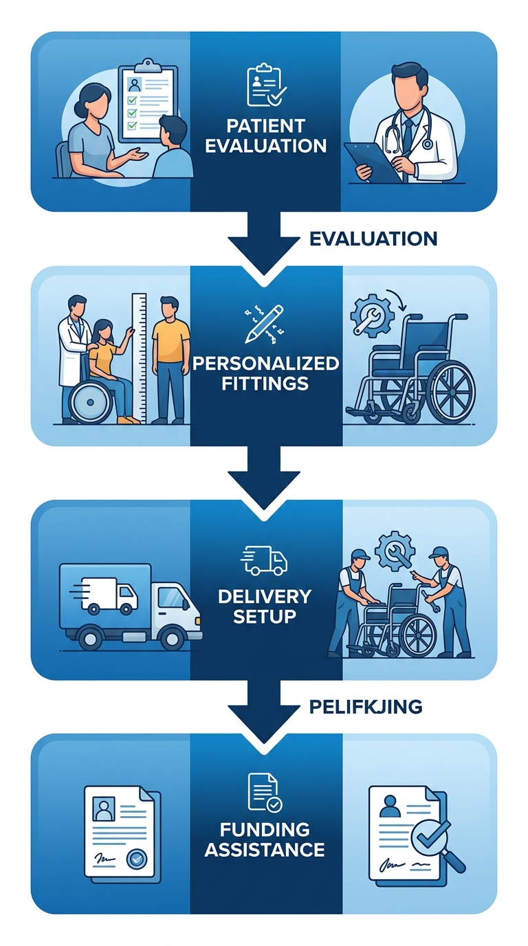 Vertical process flow diagram of four steps for custom motorized wheelchairs: patient evaluation, personalized fittings, delivery and setup, Medicare funding assistance.