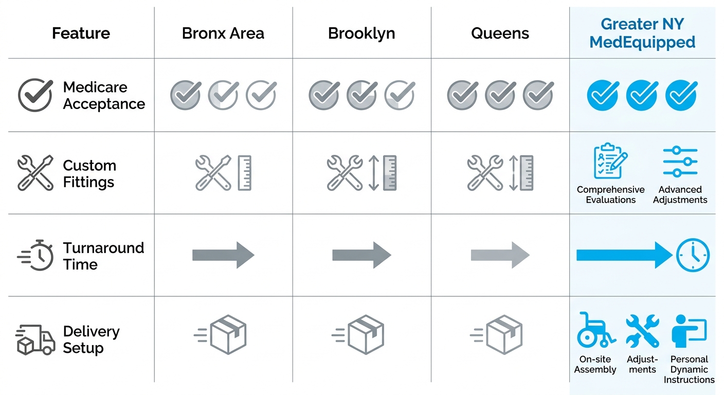 Infographic matrix comparing wheelchair service features across Bronx, Brooklyn, Queens, and Greater NY areas
