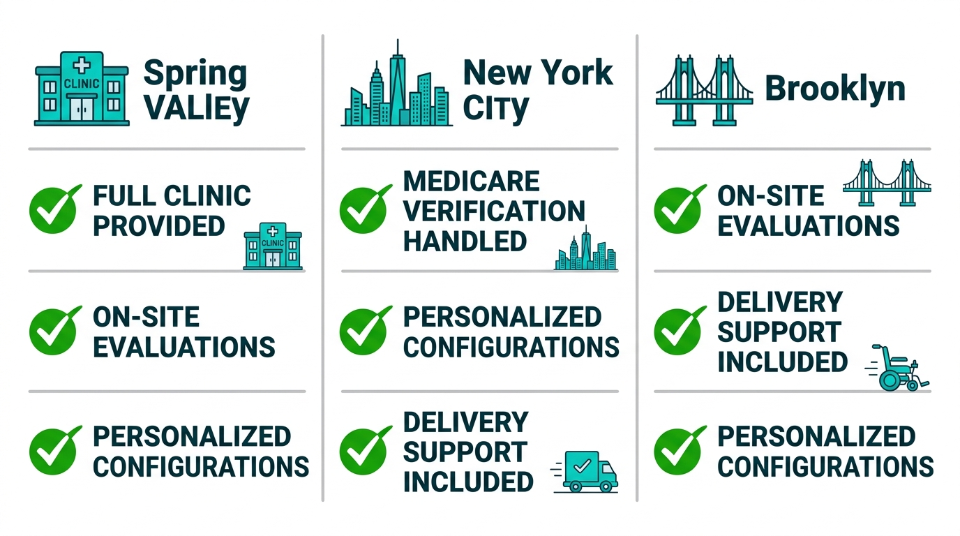 Infographic comparing MedEquipped powered wheelchair services in Spring Valley, New York City, and Brooklyn with icons and checkmarks for clinic, evaluations, configurations, and Medicare support