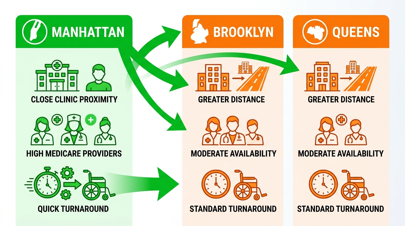 Infographic comparing custom motorized wheelchair access advantages in Manhattan versus Brooklyn and Queens, highlighting proximity, Medicare availability, and faster turnaround.
