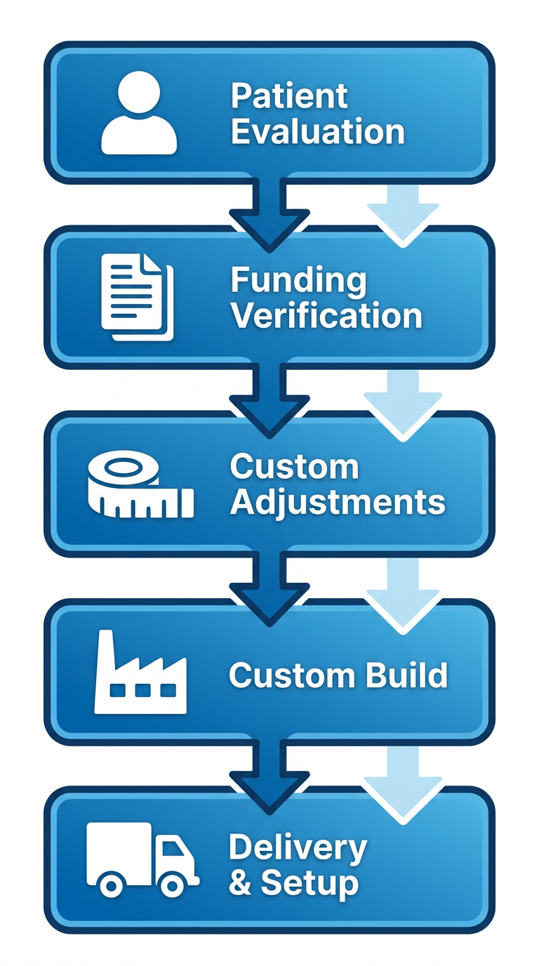 Vertical process flow diagram with five stages for obtaining a custom motorized wheelchair: patient evaluation, funding verification, custom adjustments, custom build, and delivery setup.