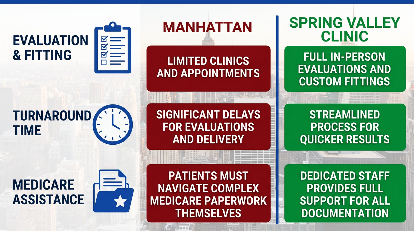 Infographic comparing mobility challenges for custom wheelchairs in Manhattan versus advantages at Spring Valley clinic
