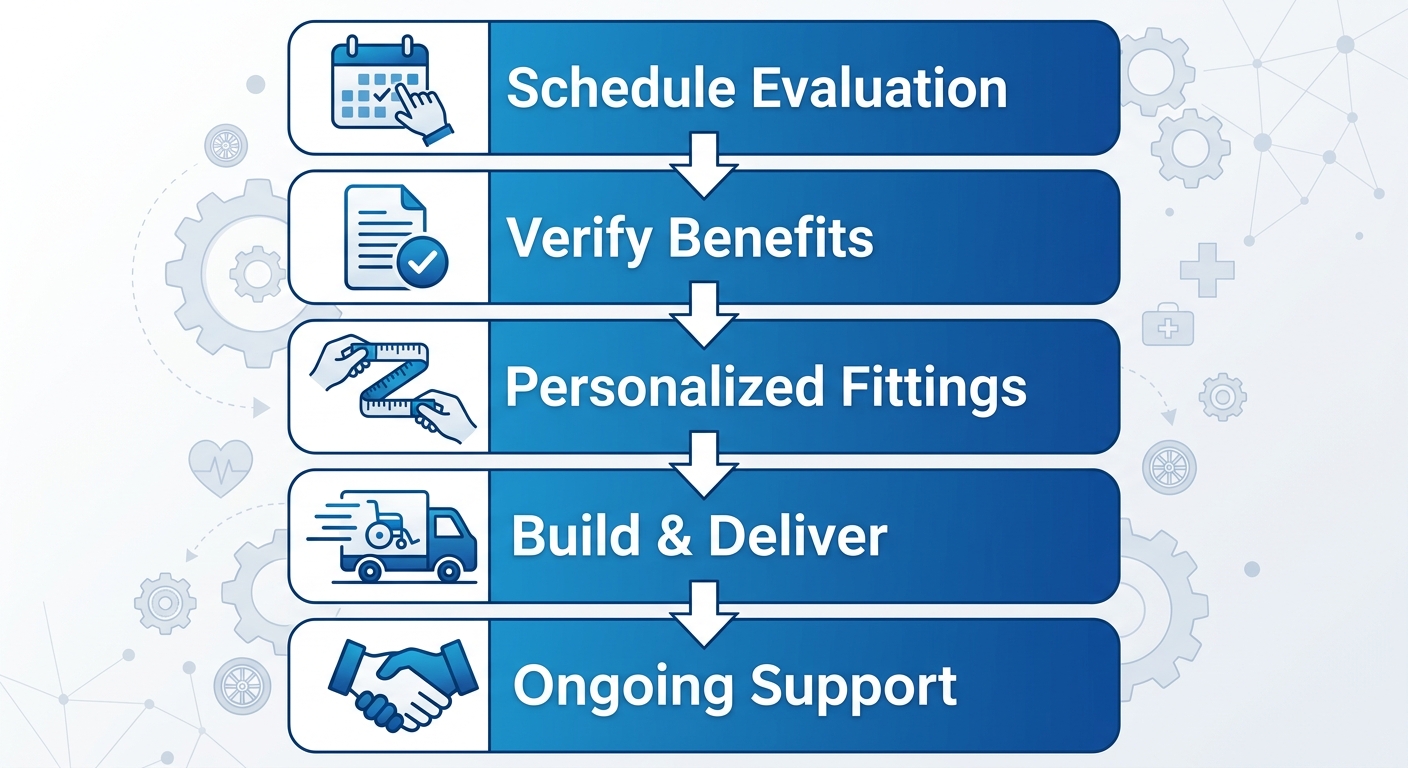 Vertical process flow diagram of five steps for custom wheelchair: schedule evaluation, verify Medicare benefits, personalized fittings, build and deliver, ongoing support.