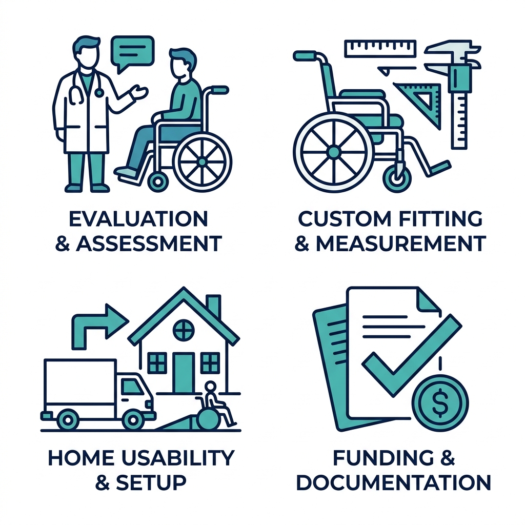 2x2 grid of icons for wheelchair services in New York City: patient evaluation, personalized fittings, delivery setup, funding assistance