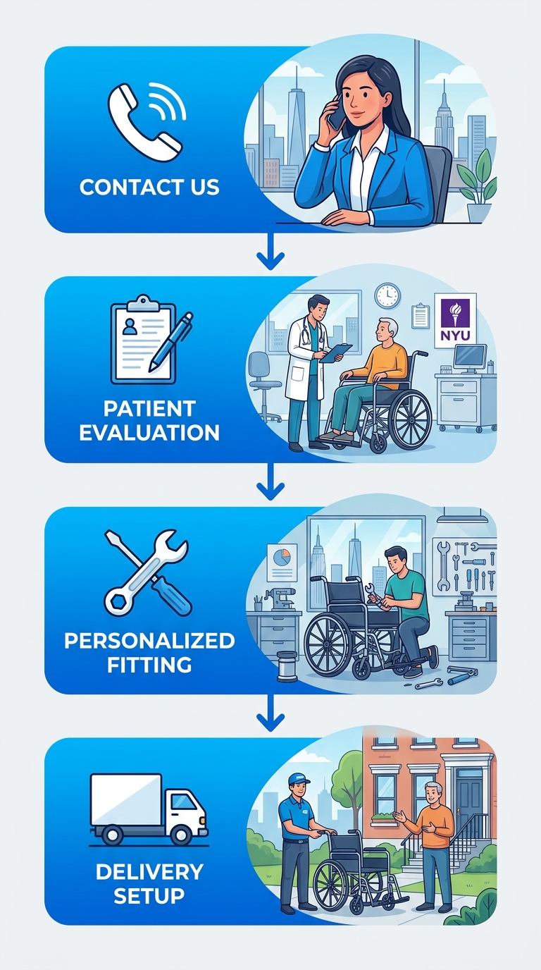 Vertical process flow diagram of four stages for starting custom motorized wheelchair journey: contact, evaluation and funding, fitting, delivery and setup in New York City