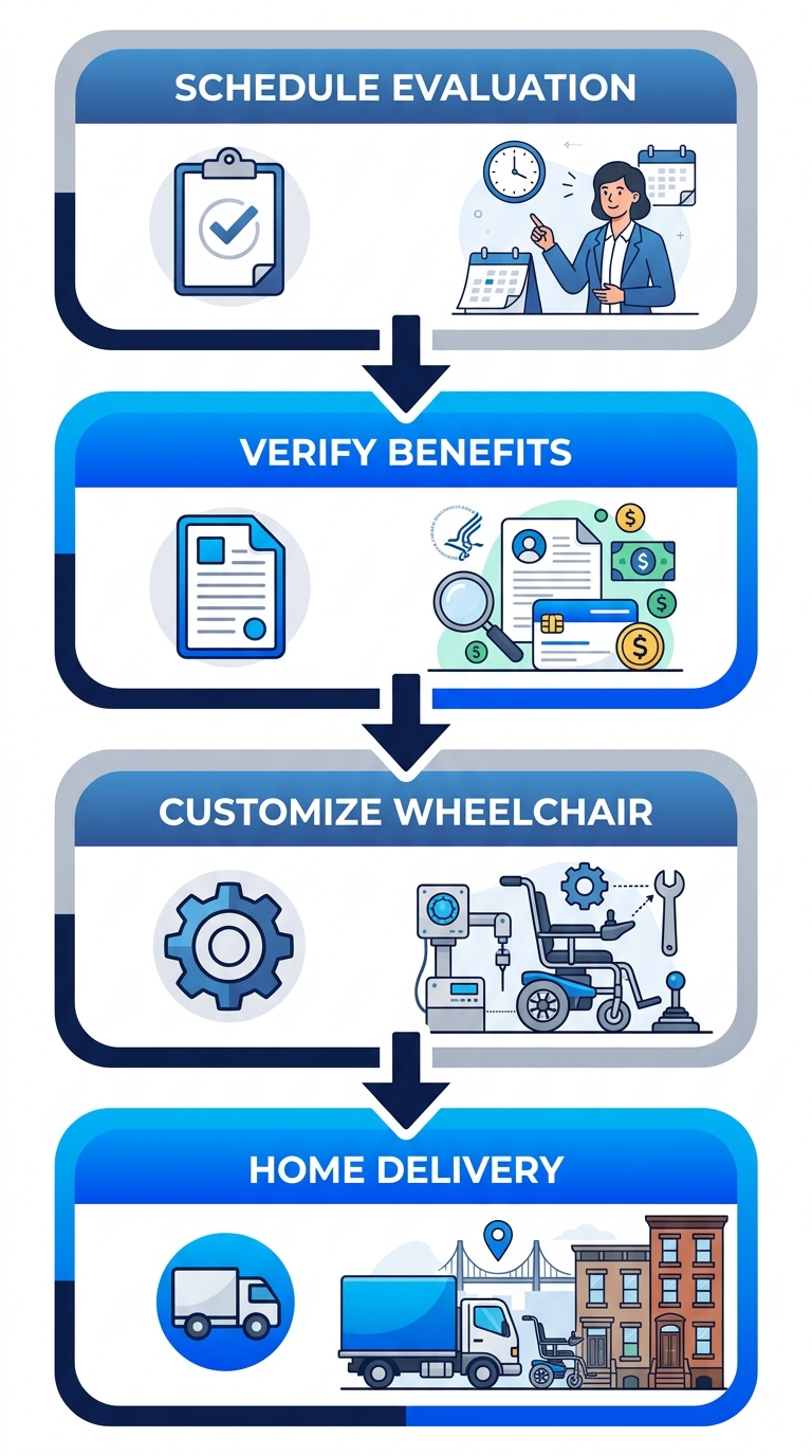 Vertical process flow diagram showing four steps to acquire custom motorized wheelchairs near NYC: schedule evaluation, verify Medicare benefits, customize wheelchair, and home delivery setup.