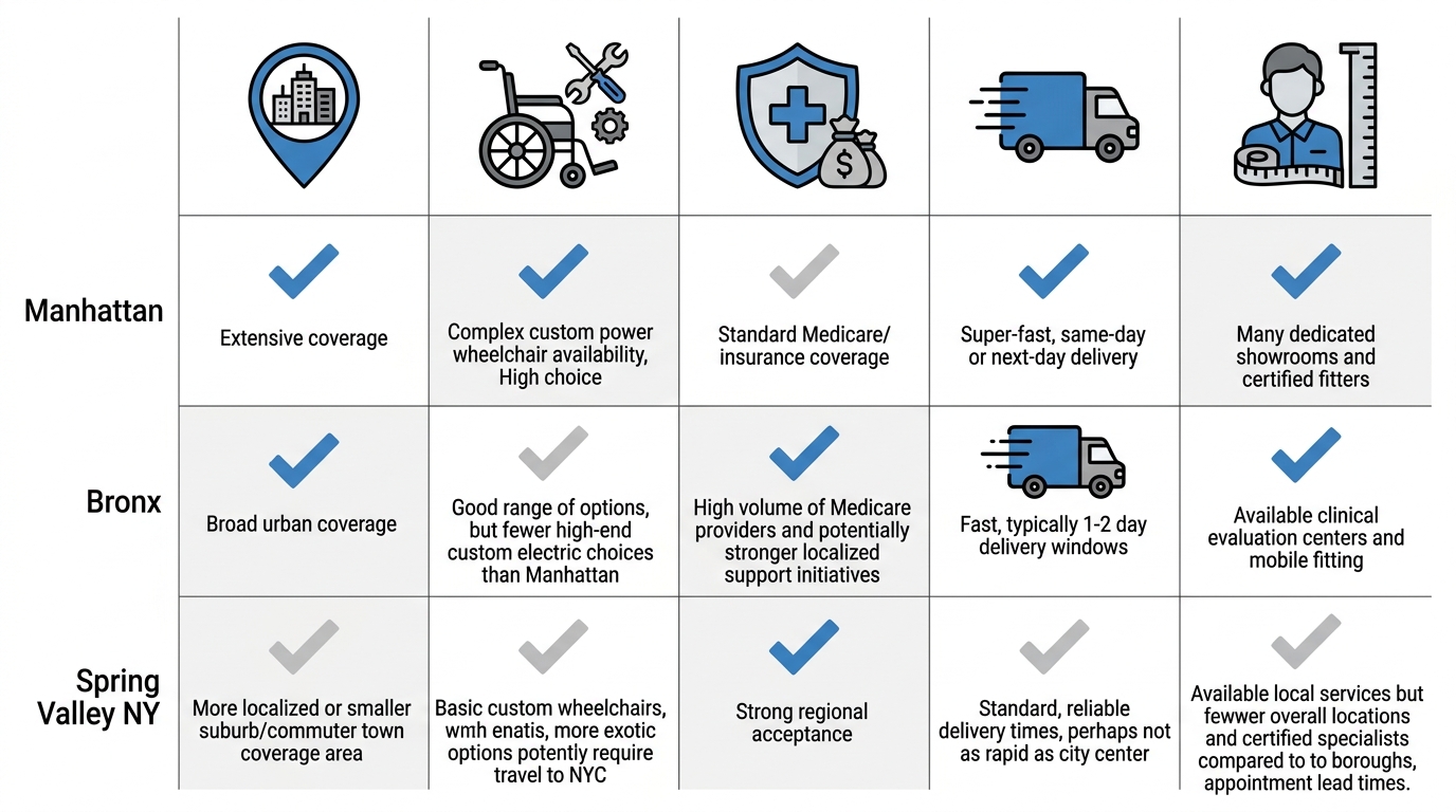 Infographic matrix comparing mobility services: custom options, Medicare support, delivery timelines, fitting services across Manhattan, Bronx, Spring Valley