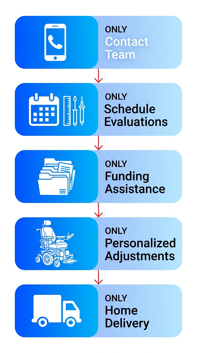 Vertical process flow diagram illustrating five steps to obtain a custom motorized wheelchair: contact team, schedule evaluations, funding assistance, personalized adjustments, and home delivery.