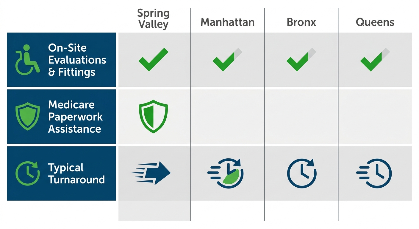 Infographic landscape comparing custom motorized wheelchair services: Spring Valley excels in on-site evaluations, Medicare paperwork, fast turnaround versus nearby areas