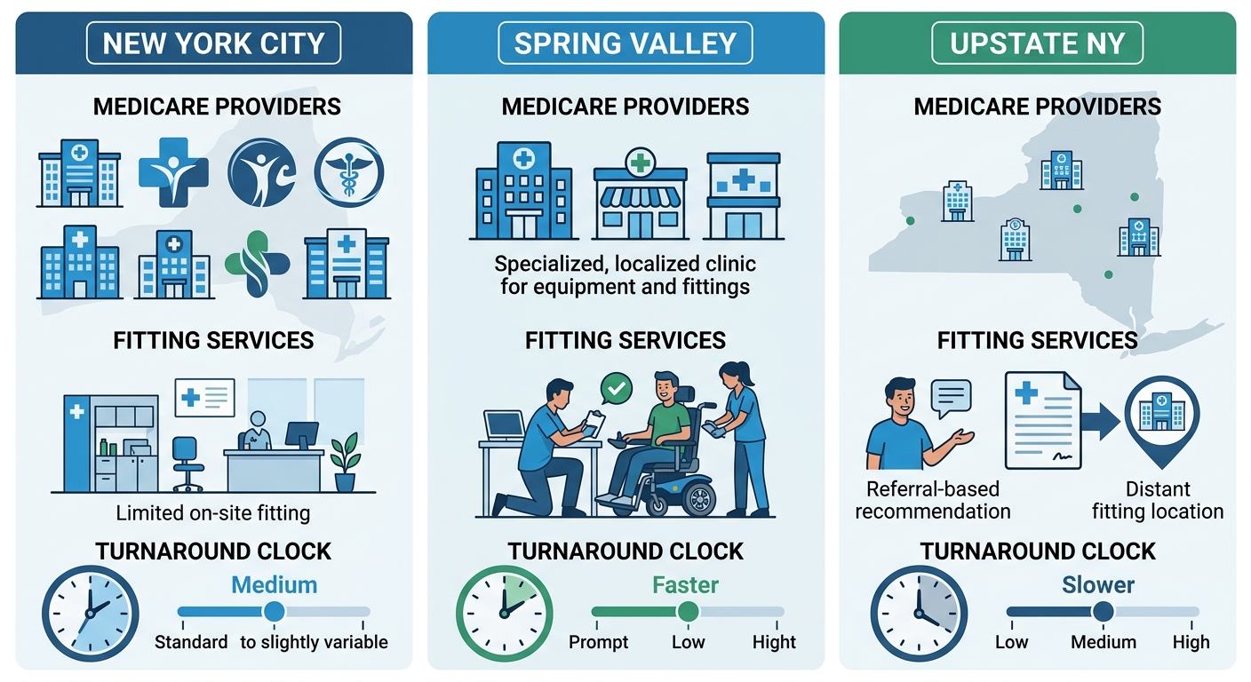 Infographic comparing power wheelchair Medicare providers, fitting services, and turnaround times in New York City, Spring Valley, and Upstate NY regions