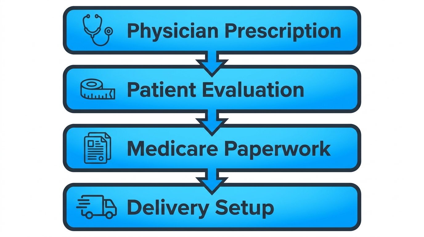 Vertical process flow diagram showing four steps for obtaining a custom power wheelchair: physician prescription, patient evaluation, Medicare paperwork, and delivery setup.