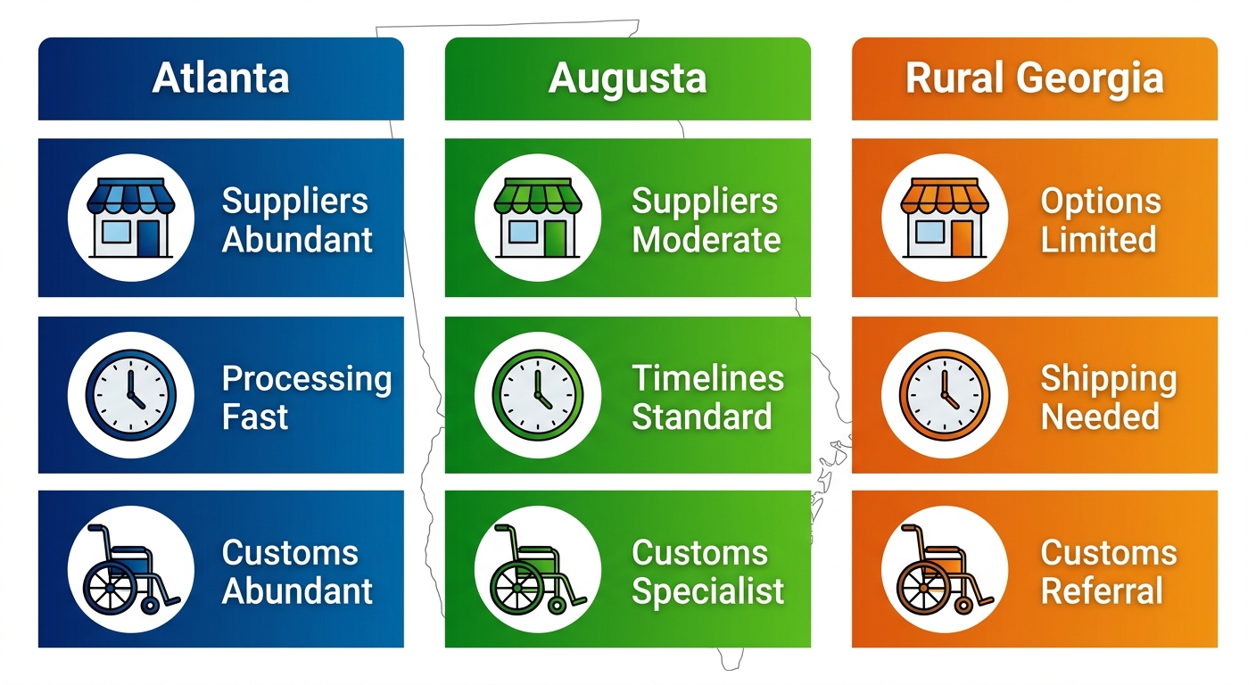 Three-column infographic comparing powered wheelchair supplier density, Medicare processing times, and custom options in Atlanta, Augusta, and Rural Georgia.