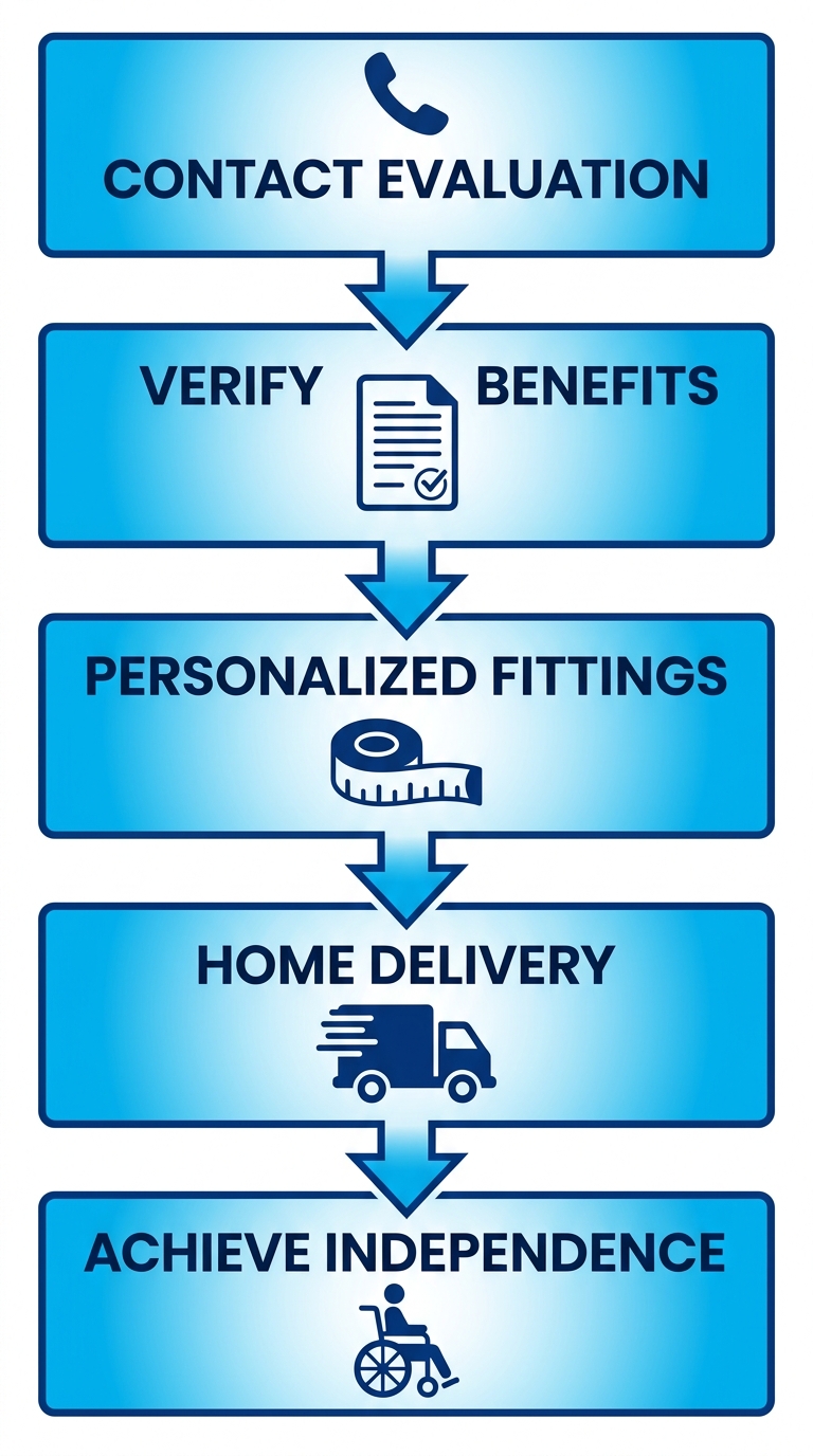 Vertical process flow diagram with five stages: contact evaluation, verify Medicare benefits, personalized fittings, home delivery, and achieving independence for powered wheelchairs.