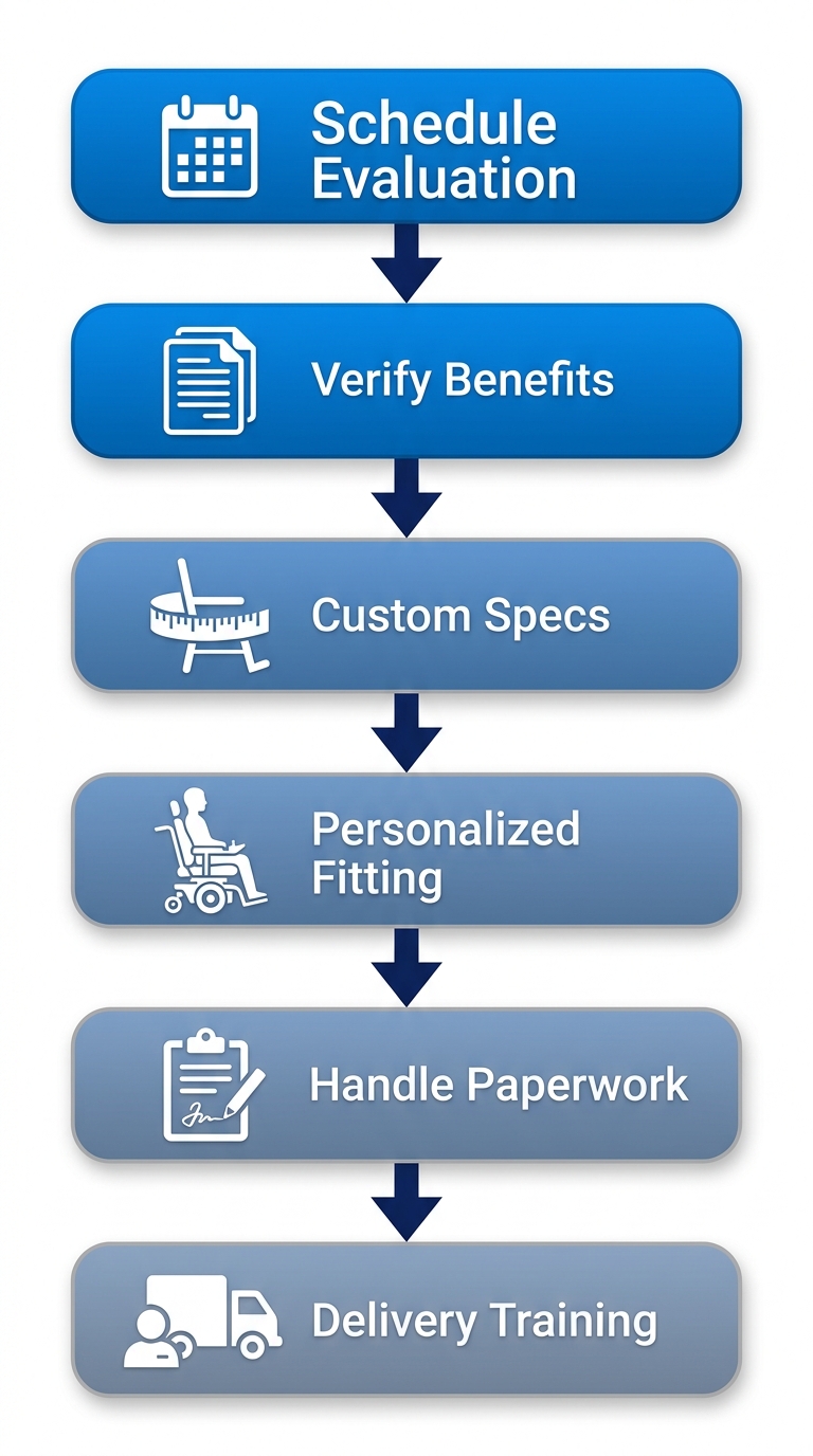 Vertical process flow diagram of six steps to obtain custom motorized wheelchair: schedule evaluation, verify Medicare benefits, custom specs, fittings, paperwork, delivery and training.