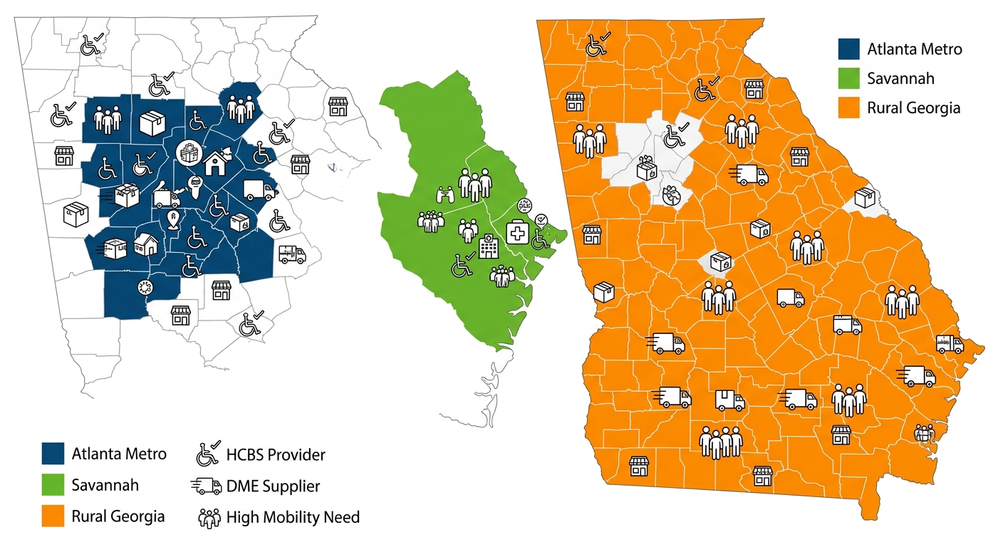 Infographic map of Georgia highlighting Atlanta Metro, Savannah, and rural regions with icons for senior population, suppliers, and wheelchair access.