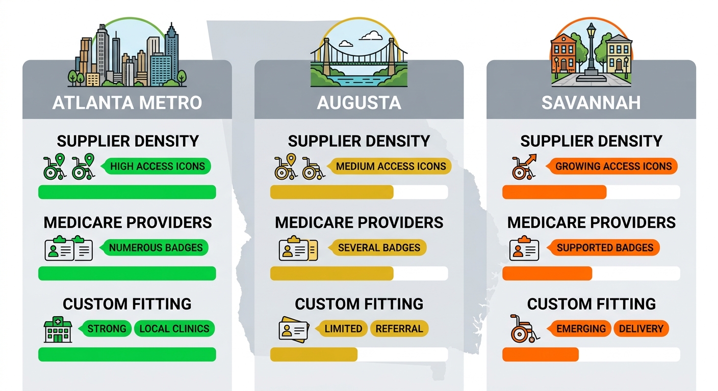 Infographic depicting wheelchair services comparison across Atlanta Metro, Augusta, and Savannah in Georgia, highlighting supplier density, Medicare providers, and custom fitting options.