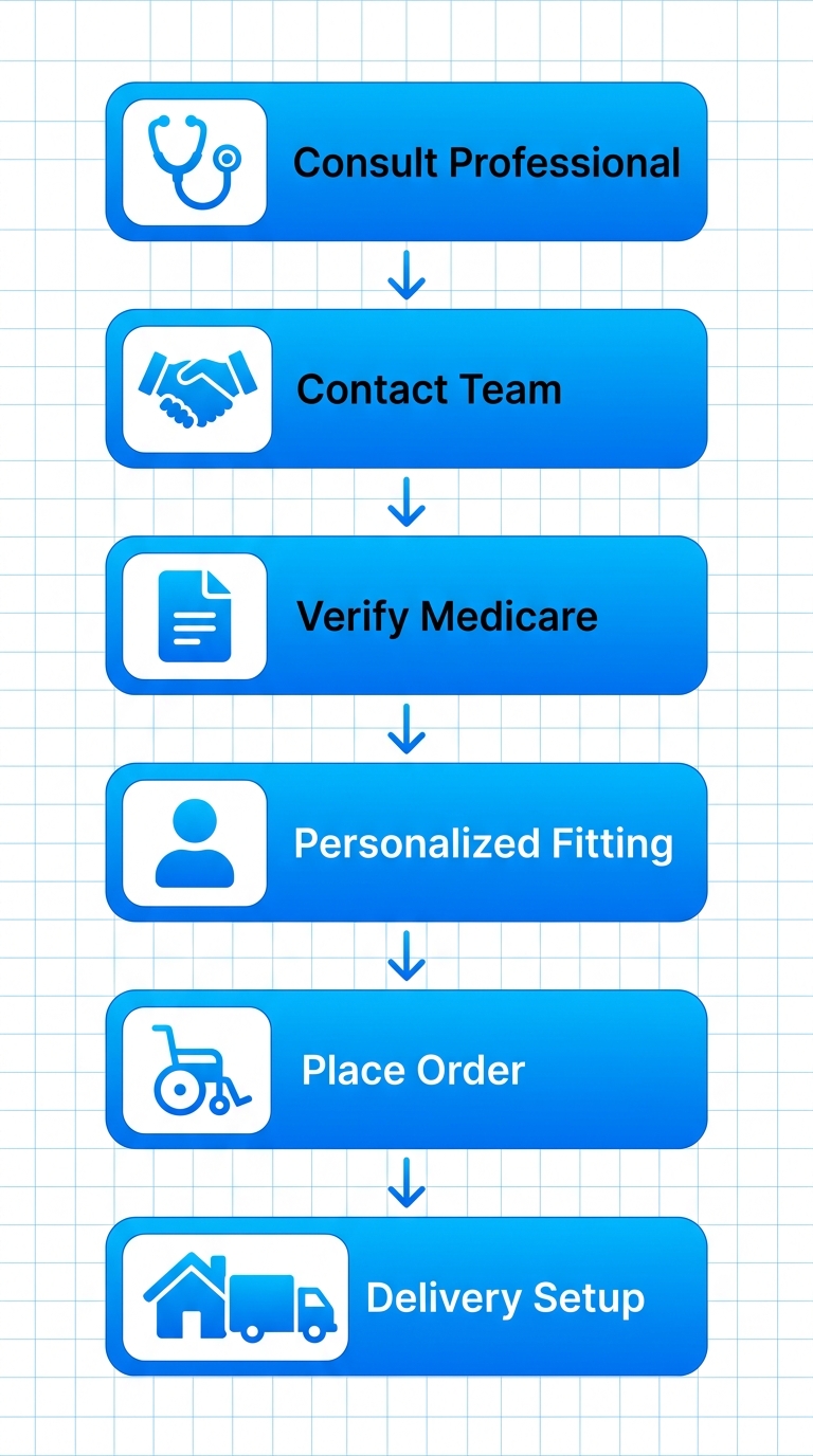 Vertical process flow diagram illustrating six steps to obtain a custom motorized wheelchair in Georgia: consult professional, contact team, verify Medicare benefits, personalized fitting, place order, delivery and setup.