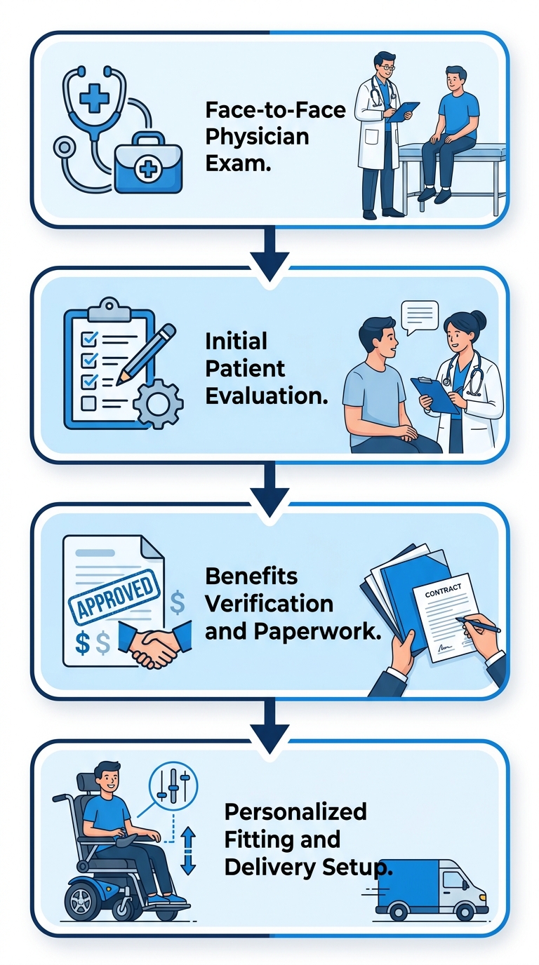 Vertical process flow diagram showing four steps to acquire Medicare-covered motorized wheelchairs: physician exam, evaluation, verification, fitting and delivery.