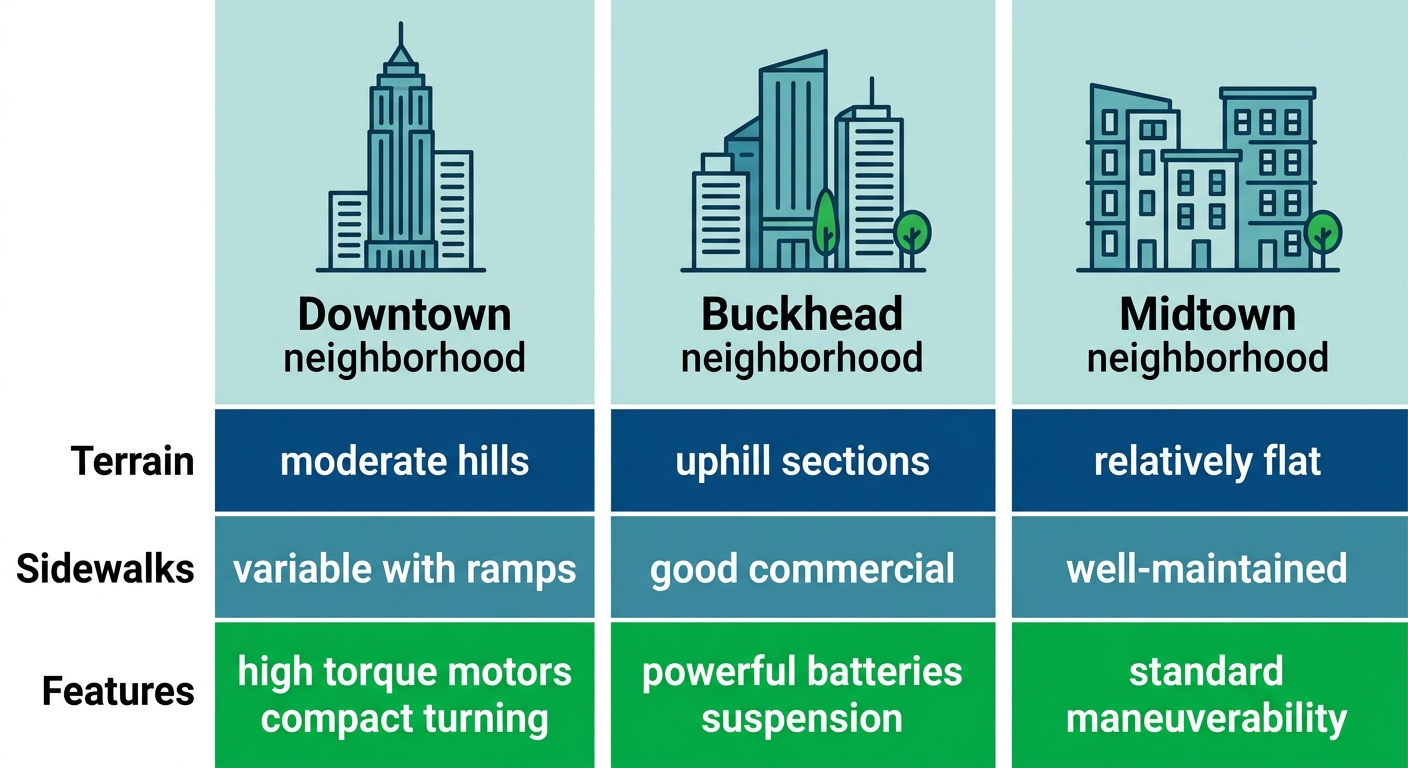 Infographic table comparing wheelchair accessibility in Atlanta neighborhoods: Downtown, Buckhead, and Midtown, with terrain, sidewalks, and custom feature recommendations