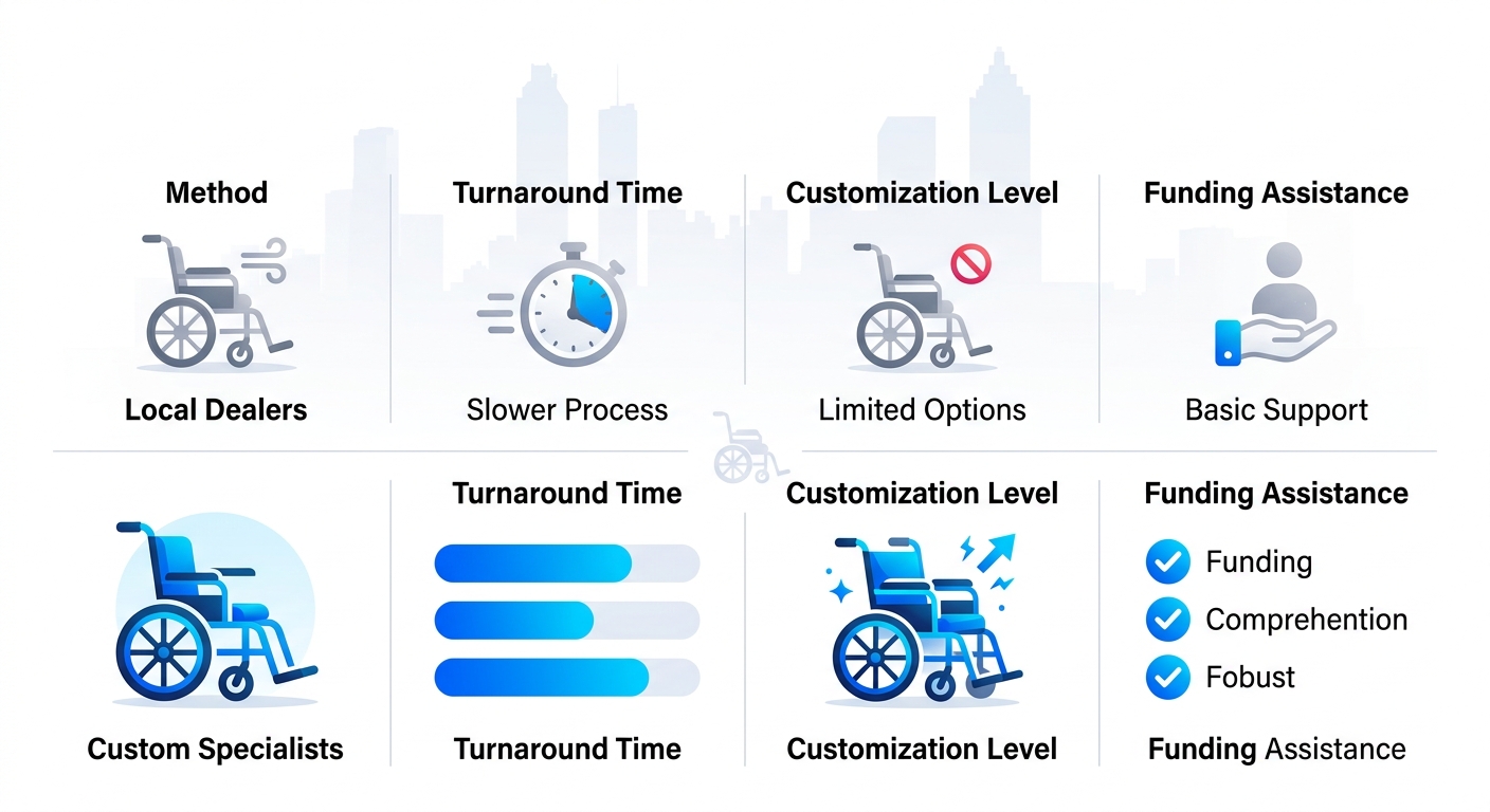 Infographic comparing local dealers versus custom specialists for powered wheelchairs in Atlanta area, showing turnaround time, customization, and funding assistance advantages.