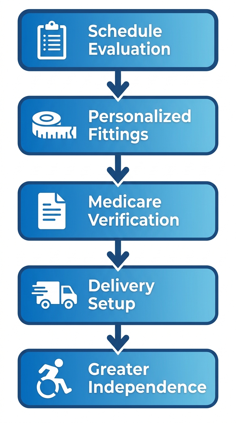 Vertical process flow diagram showing five steps to get custom powered wheelchairs in Atlanta: evaluation, fittings, Medicare verification, delivery, and independence.