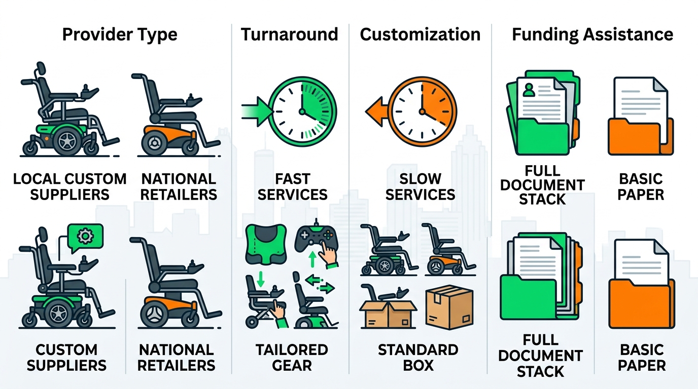 Infographic comparison of local custom vs national power wheelchair providers in Atlanta area, highlighting turnaround, customization, and funding assistance