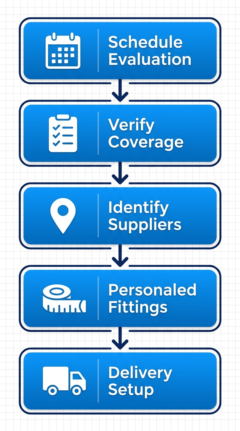 Vertical process flow diagram of five stages to obtain a power wheelchair in Atlanta: schedule evaluation, verify Medicare coverage, identify suppliers, personalized fittings, delivery and setup.