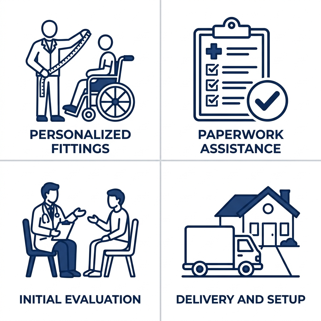 2x2 grid of flat outline icons for wheelchair services in Atlanta: personalized fittings, Medicare paperwork assistance, patient evaluation, delivery and setup.