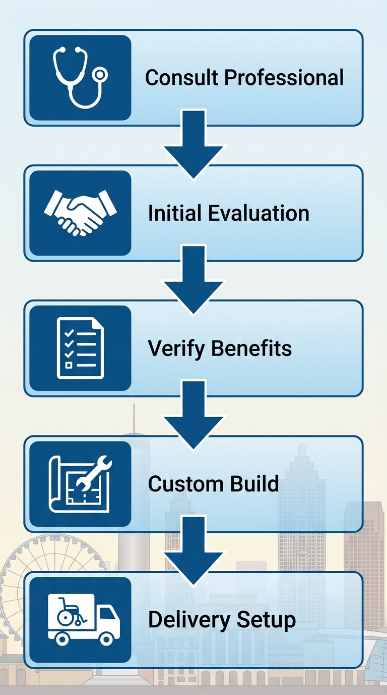 Vertical process flow diagram of five steps to get a custom motorized wheelchair in Atlanta: consult professional, evaluation, benefits verification, custom build, delivery and setup.