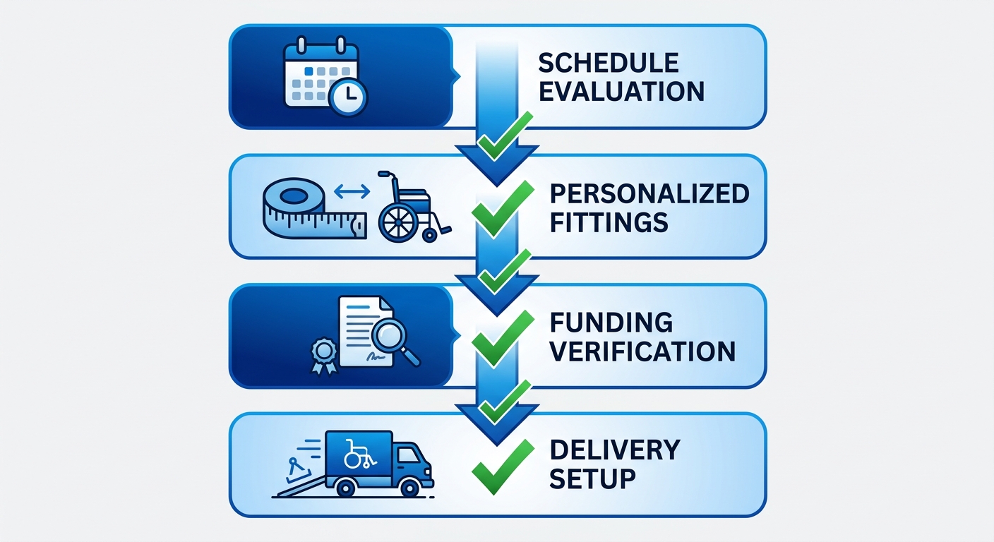 Vertical process flow diagram illustrating four stages to secure mobility equipment: schedule evaluation, personalized fittings, funding verification, and delivery setup.
