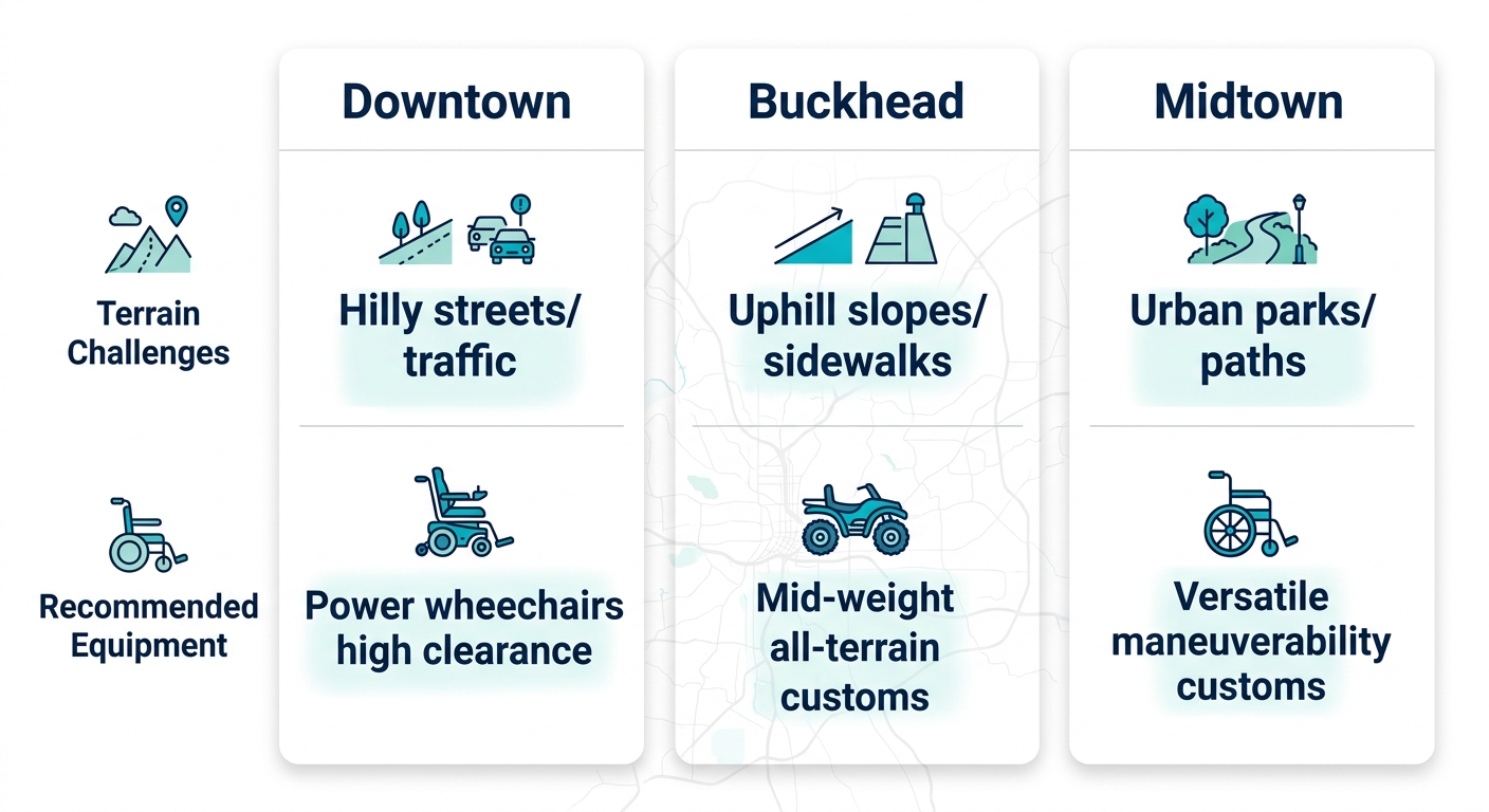 Infographic comparing terrain challenges and recommended power wheelchairs in Atlanta neighborhoods: Downtown, Buckhead, Midtown