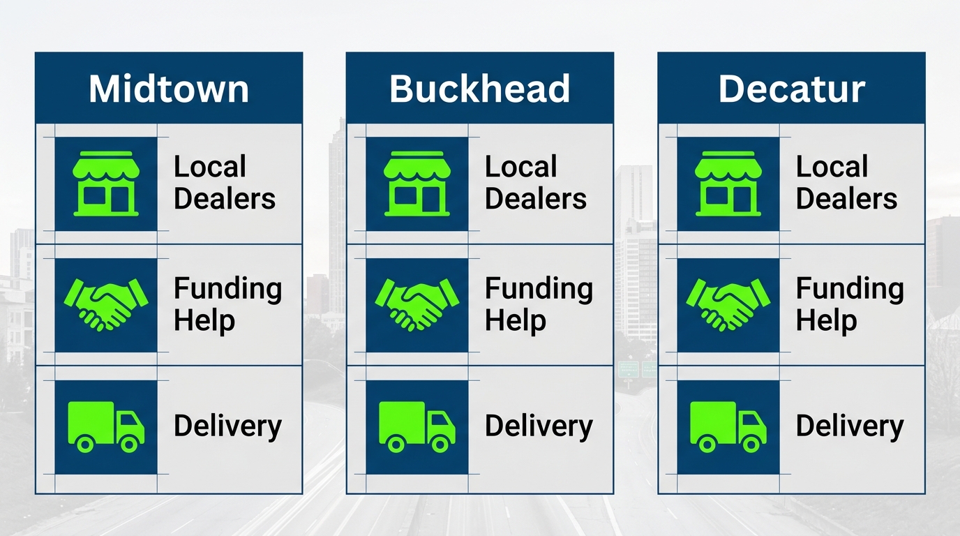 Infographic comparing wheelchair resources, dealers, funding, and delivery in Atlanta's Midtown, Buckhead, and Decatur neighborhoods