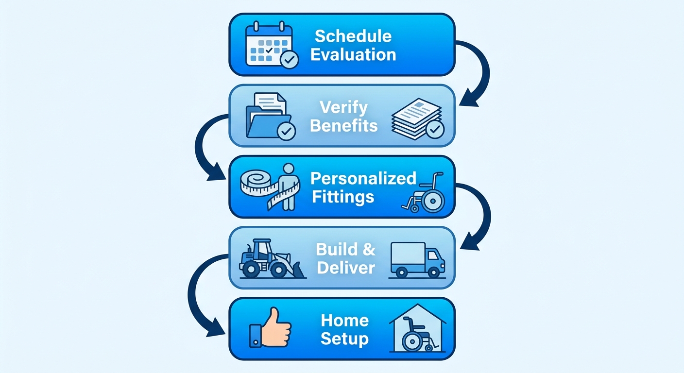 Vertical process flow diagram showing five steps to obtain a custom motorized wheelchair: schedule evaluation, verify benefits, personalized fittings, build and deliver, home setup and training