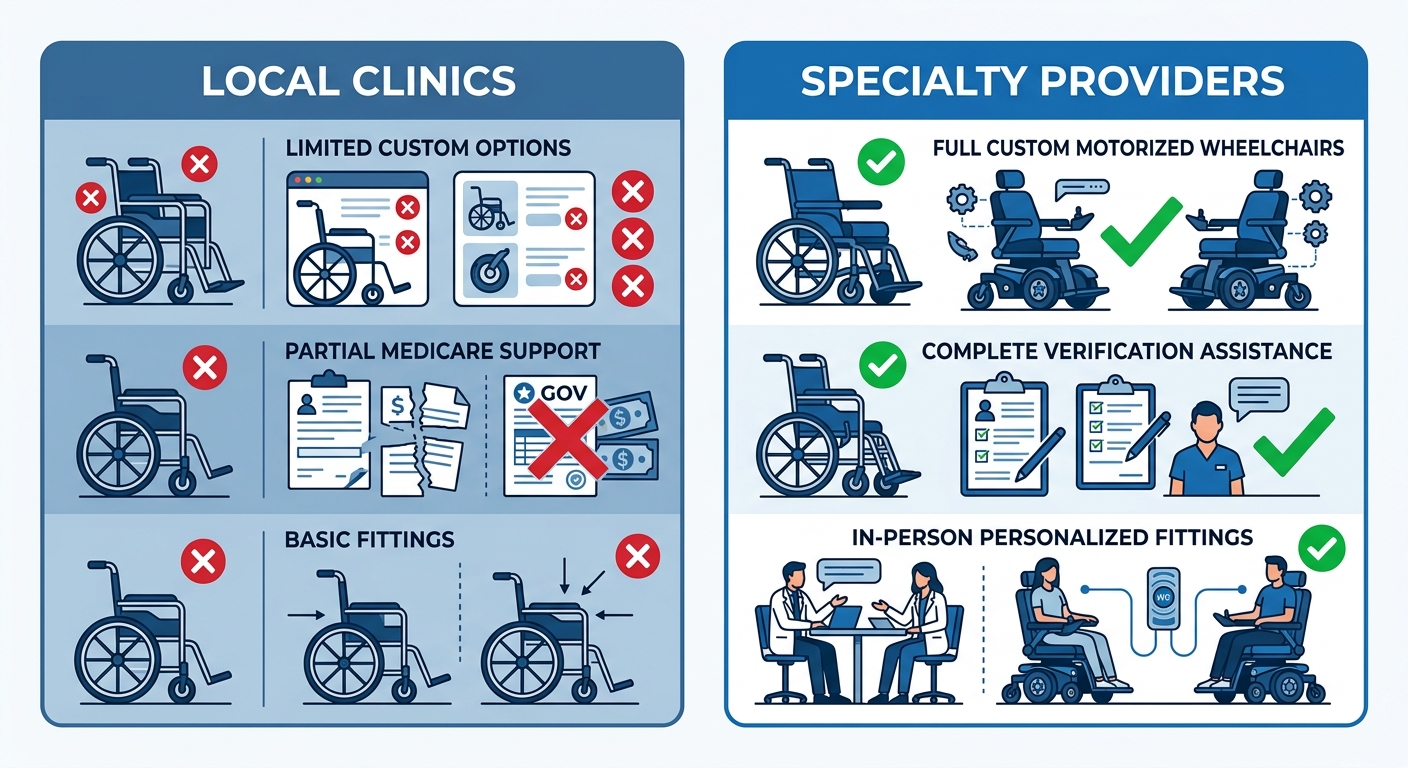 Infographic comparing local clinics versus specialty wheelchair providers in Macon area