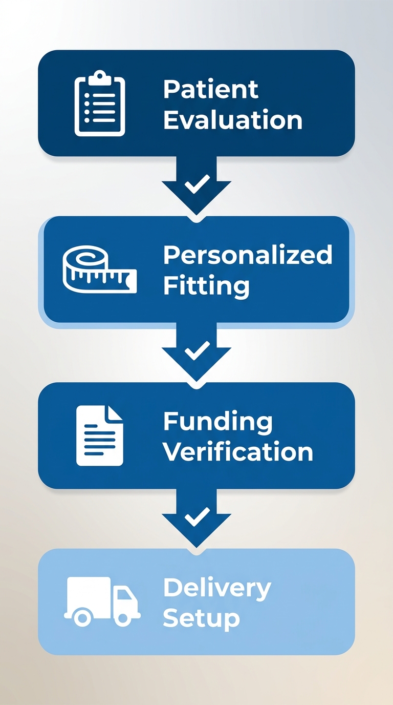 Vertical process flow diagram illustrating four stages of acquiring custom motorized wheelchairs: evaluation, fitting, funding verification, and delivery.
