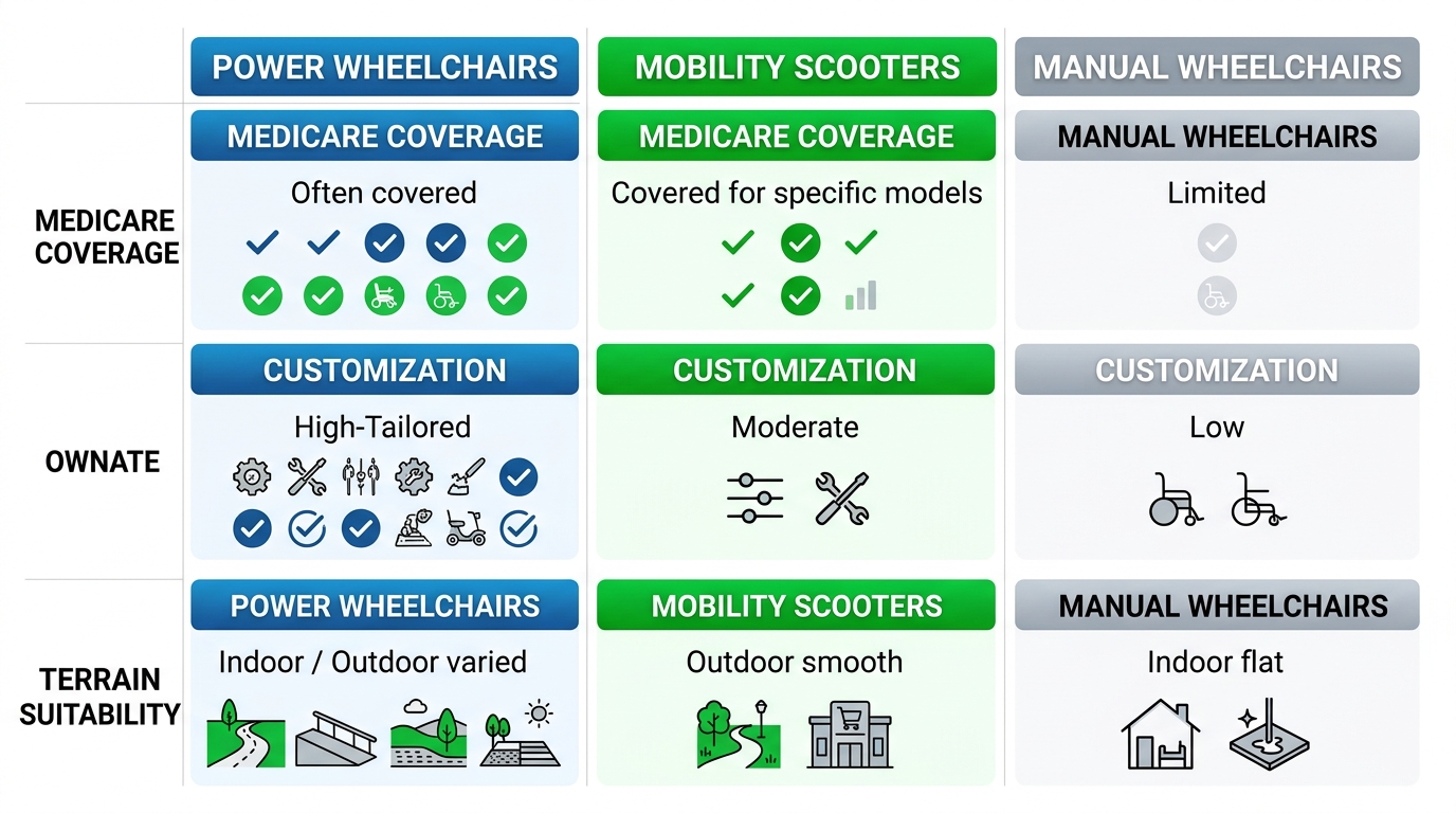 Comparison infographic of power wheelchairs, mobility scooters, and manual wheelchairs showing Medicare coverage, customization, and terrain suitability.