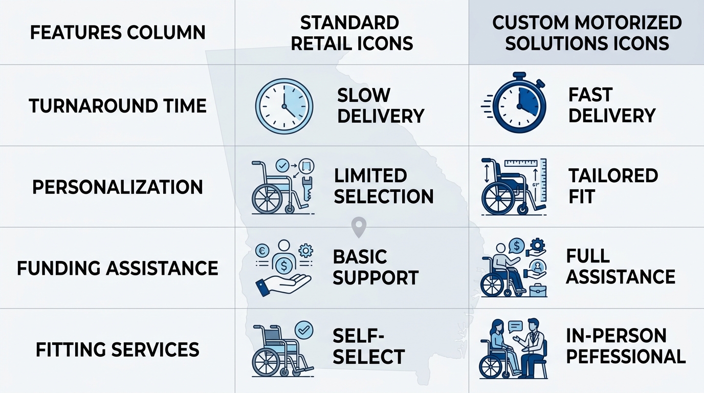 Infographic comparing standard retail wheelchair options versus custom motorized solutions in Macon, Georgia: turnaround time, personalization, funding assistance, fitting services with icons.
