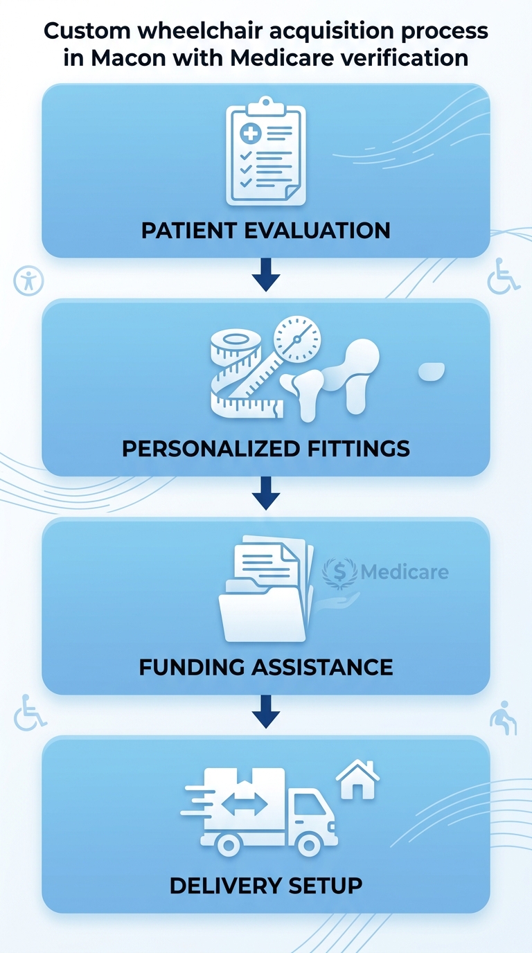 Vertical process flow diagram of four stages for acquiring a custom wheelchair: patient evaluation, personalized fittings, funding assistance, and delivery setup.