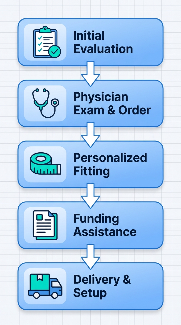 Vertical process flow diagram of five steps to obtain custom motorized wheelchairs through Medicare coverage criteria