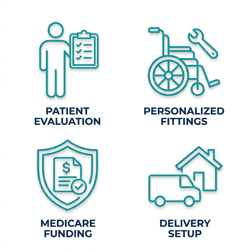 Square grid of four icons depicting patient evaluation, personalized fittings, Medicare funding assistance, and delivery setup for custom motorized wheelchairs.