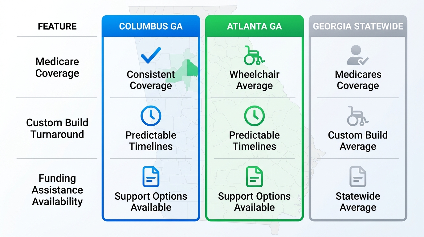 Infographic comparing wheelchair services features across Columbus GA, Atlanta GA, and Georgia statewide.
