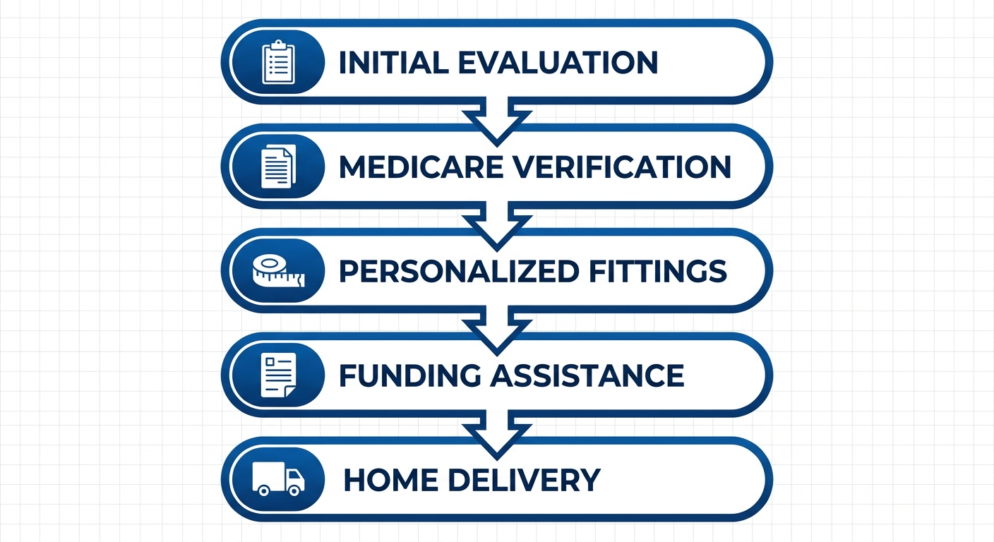 Vertical process flow diagram illustrating five steps to obtain a custom powered wheelchair: evaluation, Medicare verification, fittings, funding assistance, and home delivery.