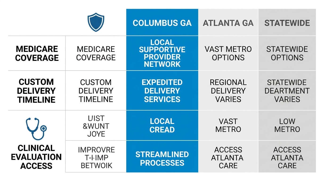Infographic table comparing powered wheelchair services in Columbus GA, Atlanta GA, and Georgia statewide across Medicare coverage, delivery timelines, and clinical evaluations.