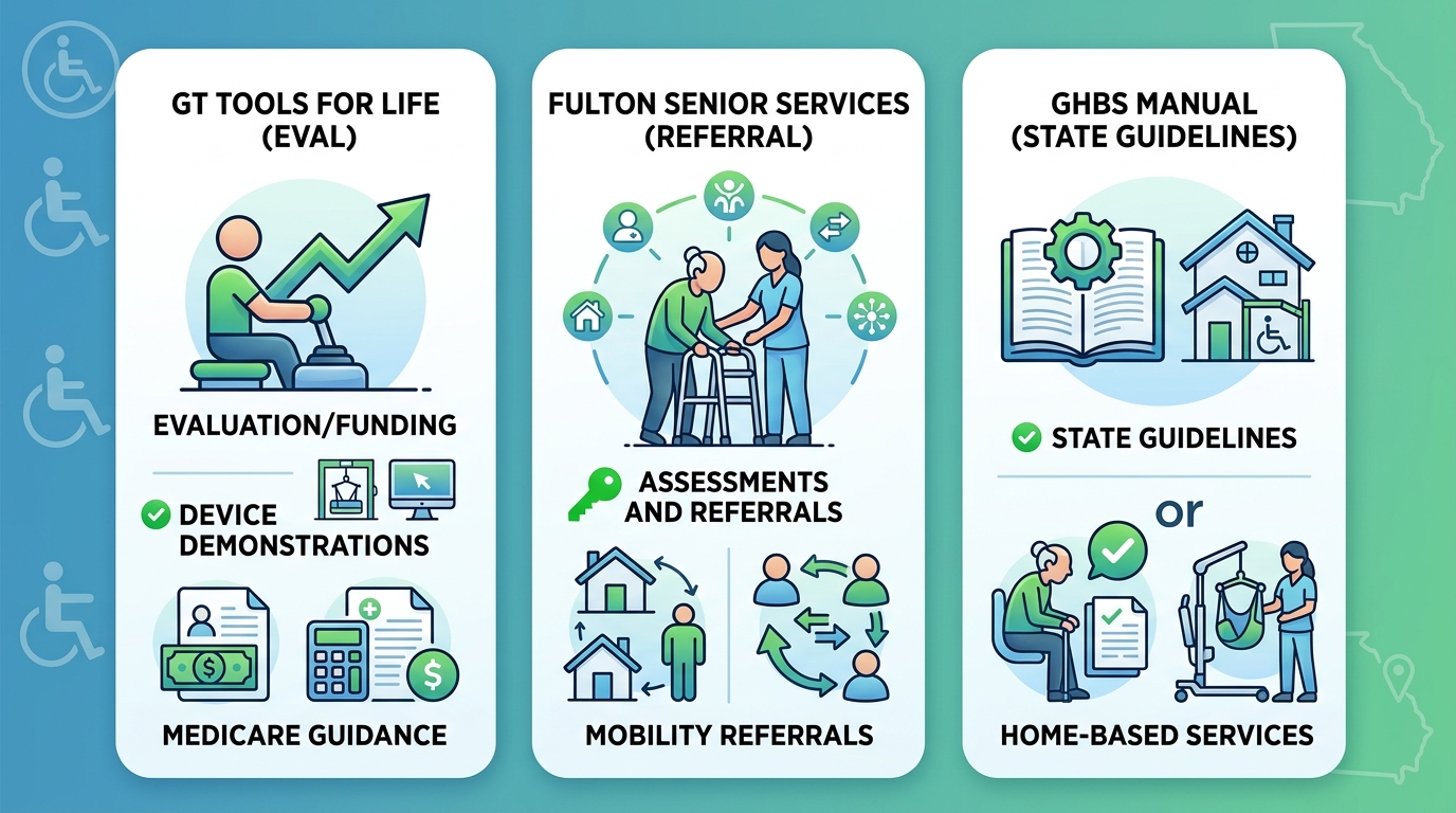 Infographic showing three key Sandy Springs resources for patient lifts: Georgia Tech Tools for Life, Fulton County Senior Services, Georgia HCBS 5300 Manual with service icons and labels.
