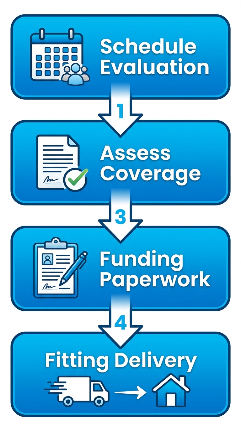 Vertical process flow diagram illustrating four steps for patient lifts: schedule evaluation, assess Medicare coverage, funding paperwork assistance, personalized fitting and delivery.