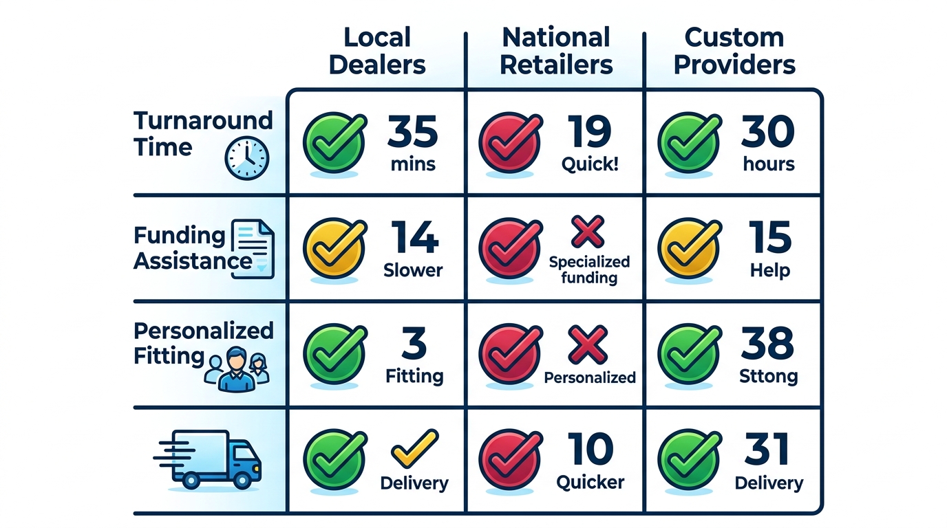 Comparison matrix infographic of motorized wheelchair providers in Augusta, Georgia, by turnaround time, funding, fitting, and delivery criteria