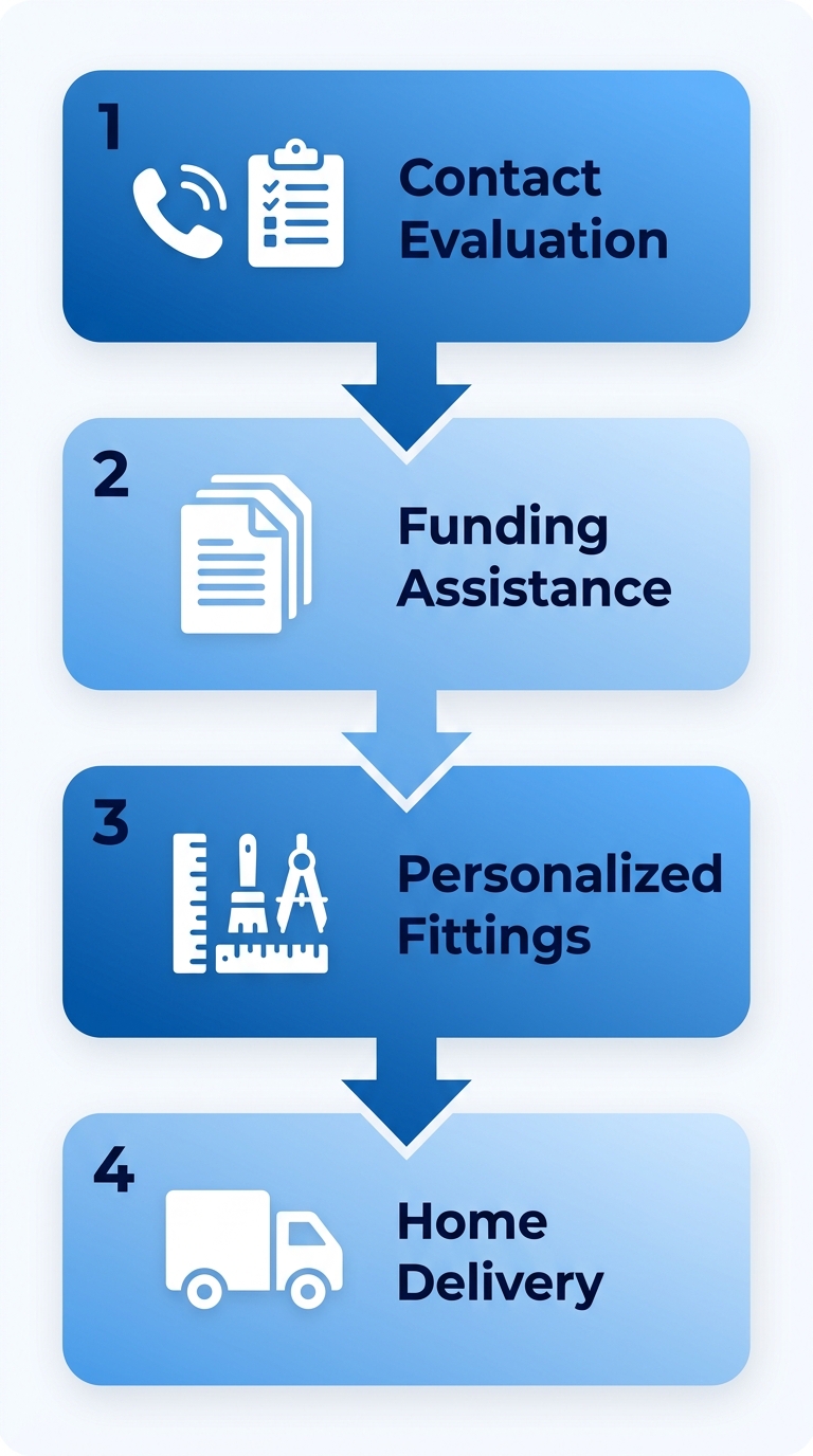 Vertical process flow diagram of four steps to obtain a custom motorized wheelchair: contact for evaluation, funding paperwork, personalized fittings, home delivery and setup.