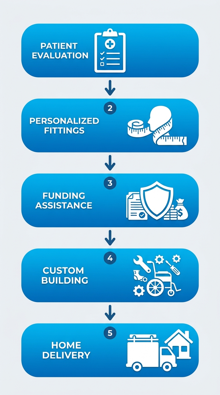 Vertical process flow diagram illustrating five steps for acquiring a custom motorized wheelchair: patient evaluation, personalized fittings, funding assistance, custom building, and home delivery.
