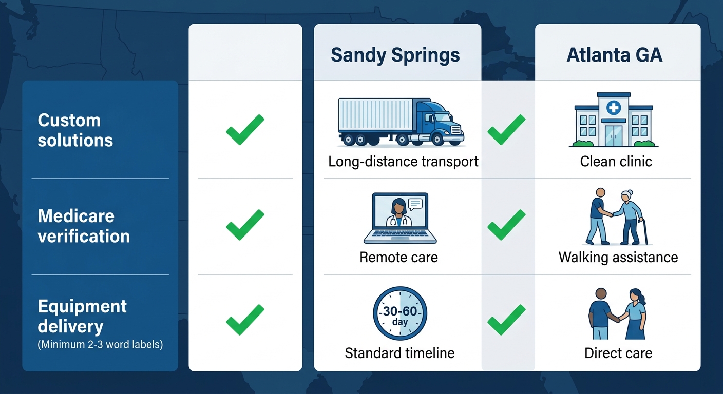 Infographic comparing mobility services aspects: custom providers, Medicare verification, delivery in Sandy Springs vs Atlanta GA.